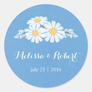 Elegant Floral White Daisies on Blue Wedding Classic Round Sticker