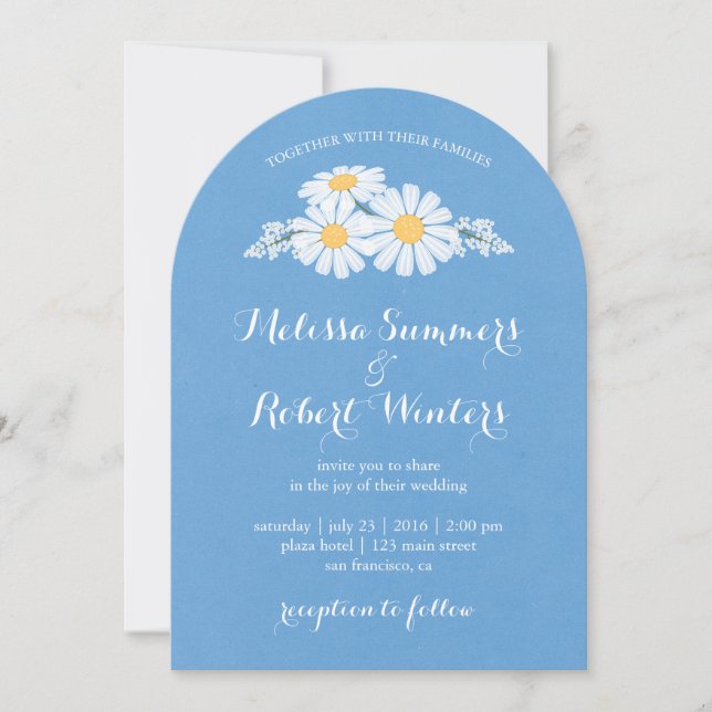 Elegant Floral White Daisies on Blue Wedding Invitation (Front)
