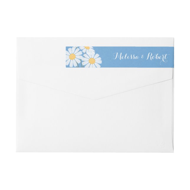 Elegant Floral White Daisies on Blue Wedding Wrap Around Label (Back)