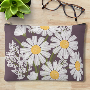 Elegant Floral White Daisies on Dark Purple Accessory Pouch