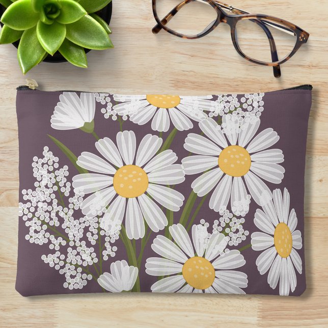Elegant Floral White Daisies on Dark Purple Accessory Pouch (Creator Uploaded)