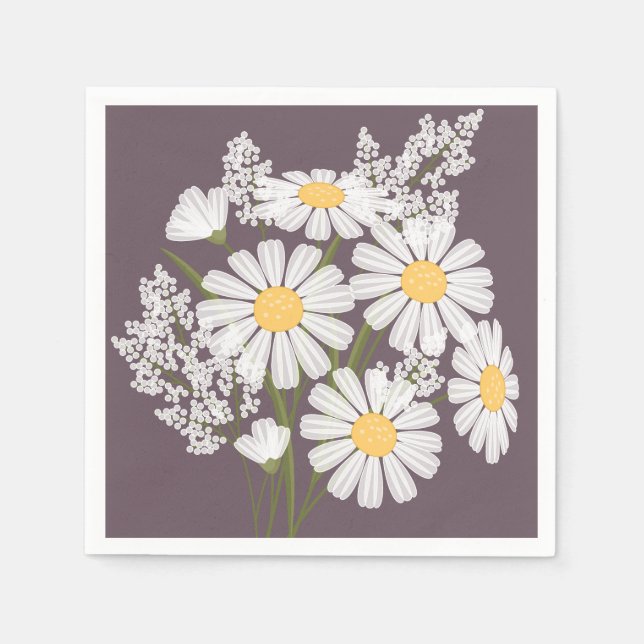 Elegant Floral White Daisies on Dark Purple Napkin (Front)