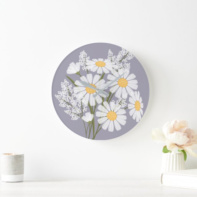 Elegant Floral White Daisies on Lavender Large Clock (Home)