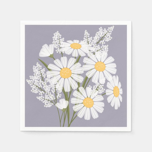 Elegant Floral White Daisies on Lavender Napkin (Front)