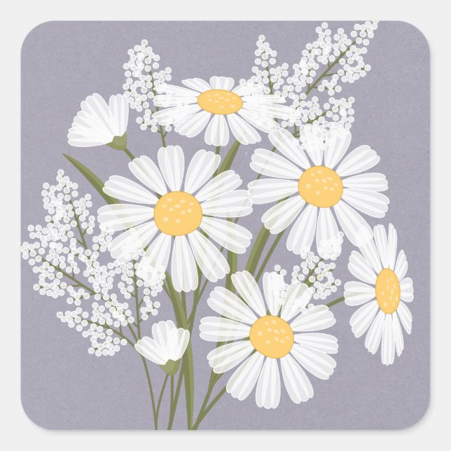 Elegant Floral White Daisies on Lavender Wedding Square Sticker (Front)