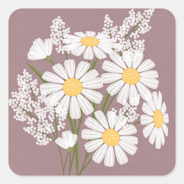 Elegant Floral White Daisies on Pink Wedding Square Sticker (Front)