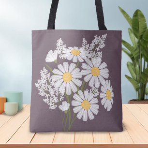 Elegant Floral White Daisies on Plum Tote Bag
