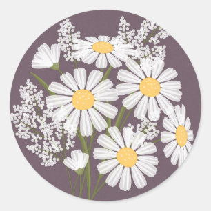 Elegant Floral White Daisies on Plum Wedding Classic Round Sticker