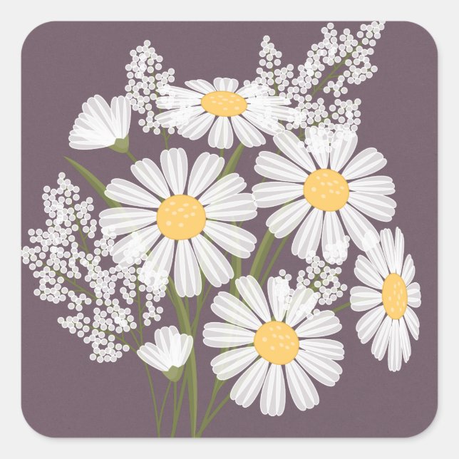 Elegant Floral White Daisies on Plum Wedding Square Sticker (Front)
