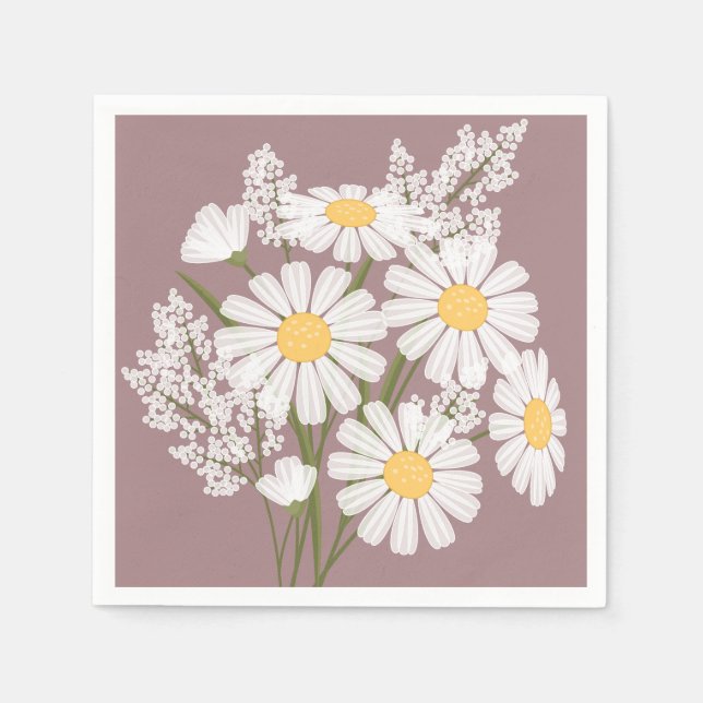 Elegant Floral White Daisies on Rosy Brown Napkin (Front)