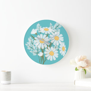 Elegant Floral White Daisies on Teal Large Clock