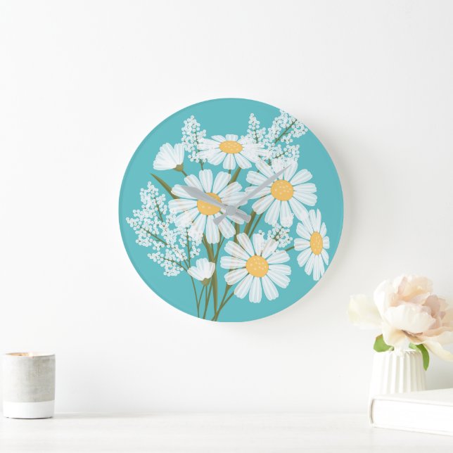 Elegant Floral White Daisies on Teal Large Clock (Home)