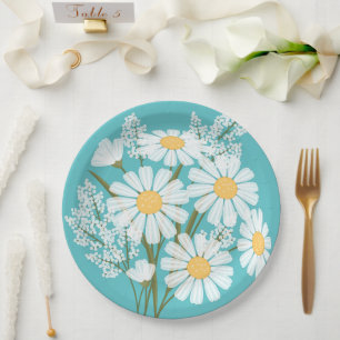 Elegant Floral White Daisies on Teal Large Clock Paper Plate