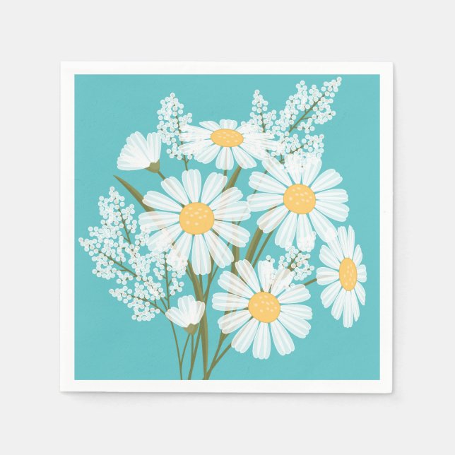 Elegant Floral White Daisies on Teal Napkin (Front)
