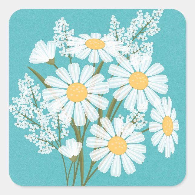 Elegant Floral White Daisies on Teal Wedding Square Sticker (Front)