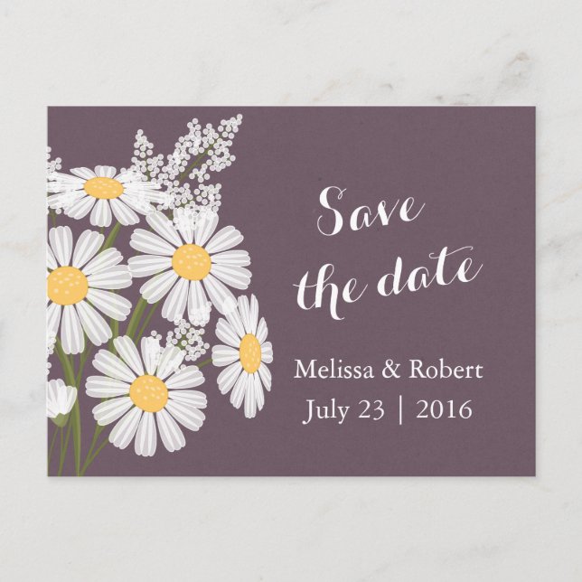 Elegant Floral White Daisies Plum Save the Date Announcement Postcard (Front)