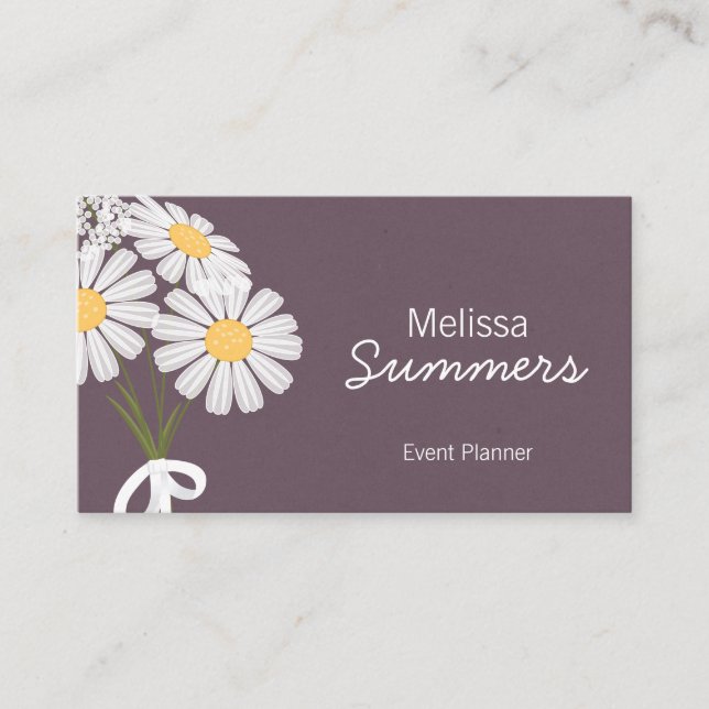 Elegant Floral White Daisies Rustic Business Card (Front)
