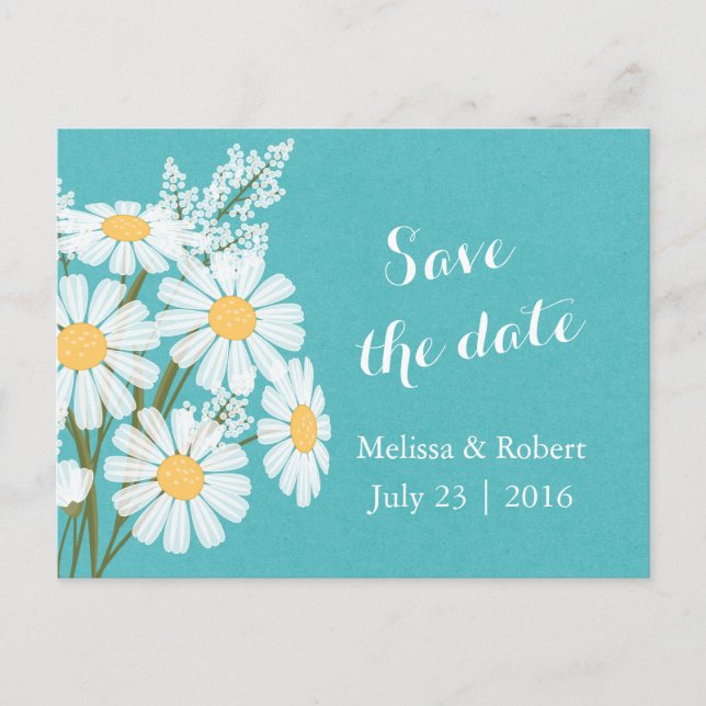 Elegant Floral White Daisies Teal Save the Date Announcement Postcard (Front)