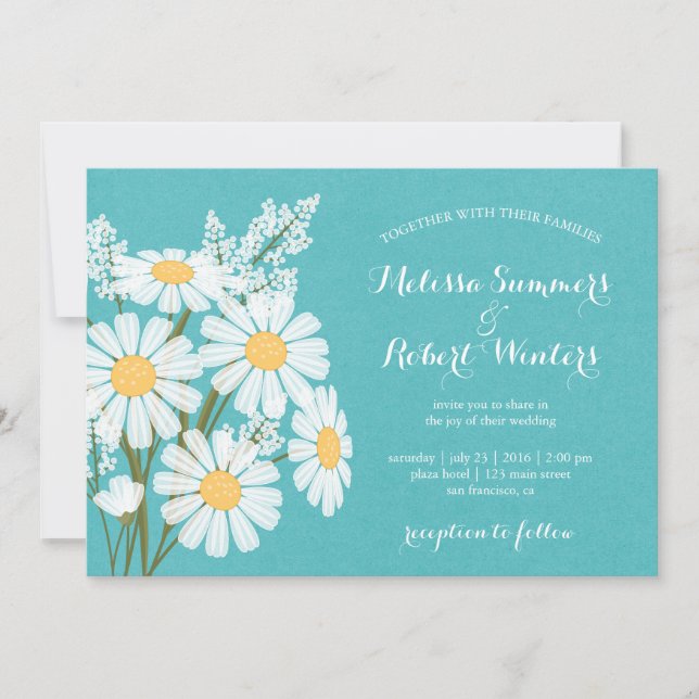 Elegant Floral White Daisies Teal Wedding Invitation (Front)