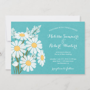 Elegant Floral White Daisies Teal Wedding Invitation