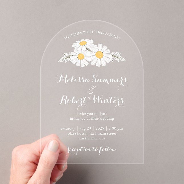Elegant Floral White Daisies Wedding Acrylic Invitations (Insitu (Handheld))