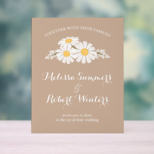 Elegant Floral White Daisies Wedding Beige Acrylic Sign