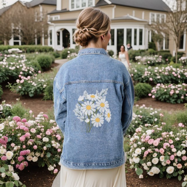 Elegant Floral White Daisies Wedding Denim Jacket (Wedding Back)