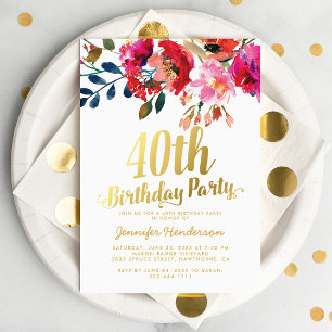 Elegant Floral White Gold 40th Birthday Party Invitation