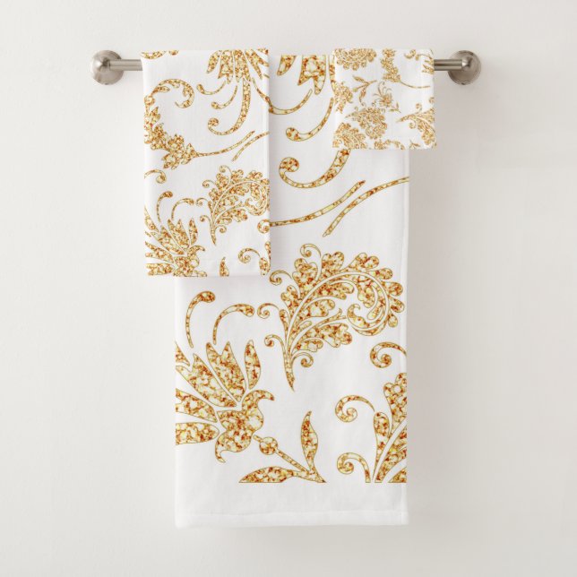 Elegant Floral White Gold Bath Towel Set (Insitu)