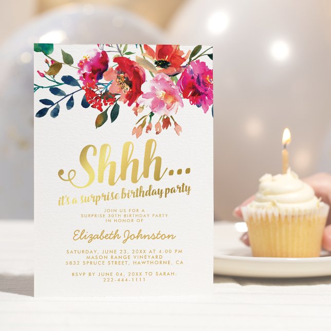 Elegant Floral White Gold Surprise Birthday Party Invitation (Creator Uploaded)