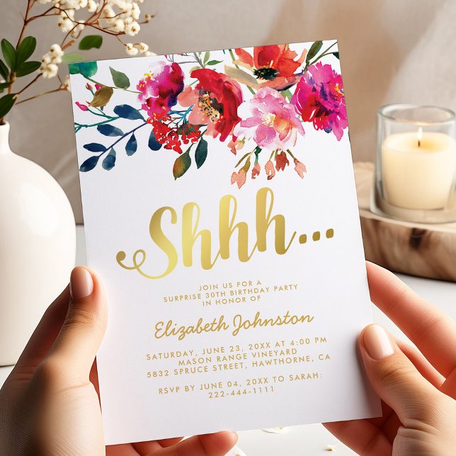 Elegant Floral White Gold Surprise Party Invitation (Creator Uploaded)