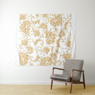 Elegant Floral White Gold Tapestry