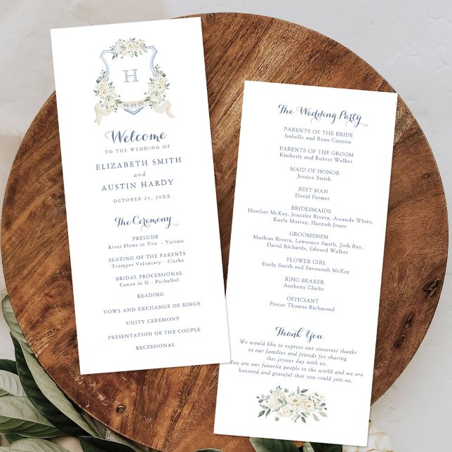 Elegant Floral White Greenery Crest Blue Wedding Programme (Creator Uploaded)