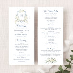 Elegant Floral White Greenery Crest Blue Wedding Programme<br><div class="desc">Elegant Floral White Greenery Crest Monogram Wedding Program. Traditional Wedding Order of Service. Watercolor Dusty Blue Wedding Monogram Crest Program</div>