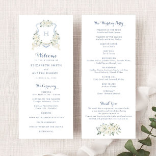 Elegant Floral White Greenery Crest Blue Wedding Programme