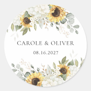 Elegant Floral White Hydrangea Sunflowers Wedding Classic Round Sticker