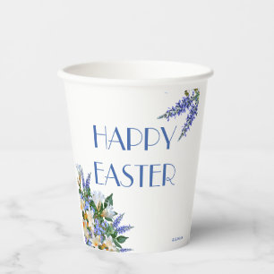 Elegant Floral White Lilies Blue 'Happy Easter' Paper Cups