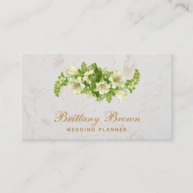 Elegant Floral White Lilies Marble Calligraphy Business Card (Front)
