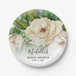 Elegant Floral White Magnolia Bridal Shower Name Paper Plate