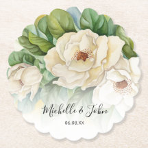 Elegant Floral White Magnolia Names Script Wedding