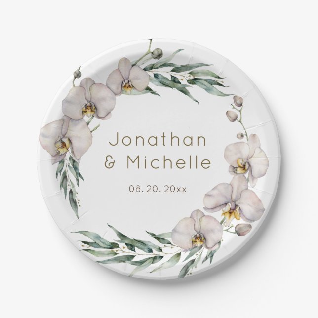 Elegant Floral White Orchids Personalised Wedding Paper Plate (Front)