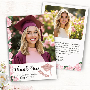 Elegant Floral White Pink Grad Photo Graduation Thank You Card