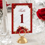 Elegant Floral White Red Roses Wedding Table Number<br><div class="desc">These elegant wedding table number cards feature gorgeous red roses on a luxury background of white satin and faux red metallic,  with a gold filigree frame and complementary burgundy text.</div>