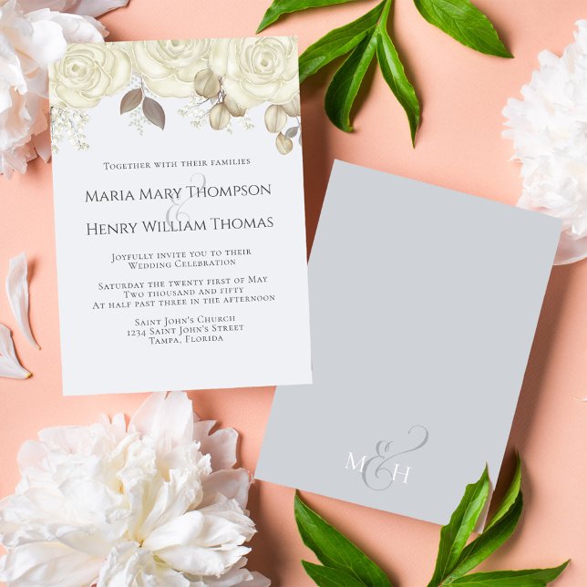 Elegant Floral White Rose Classic Traditional  Invitation (Light blue floral classic elegant wedding invitation with calligraphy monogram. )