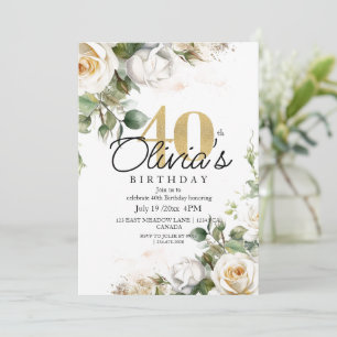 Elegant Floral White Roses & Gold 40th Birthday Invitation
