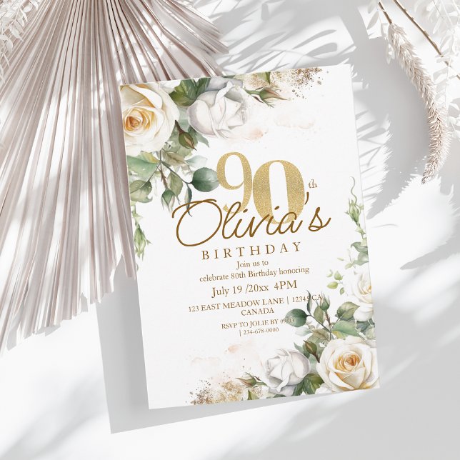 Elegant Floral White Roses & Gold 90th Birthday Invitation (Creator Uploaded)