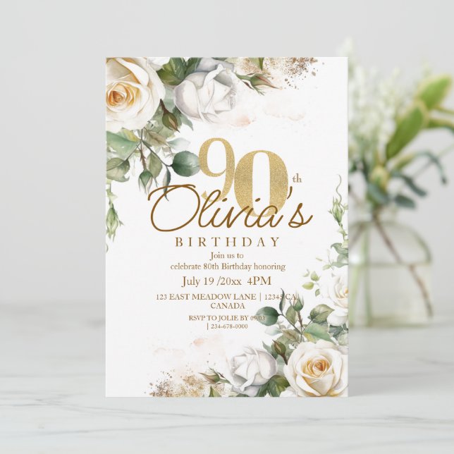 Elegant Floral White Roses & Gold 90th Birthday Invitation (Standing Front)