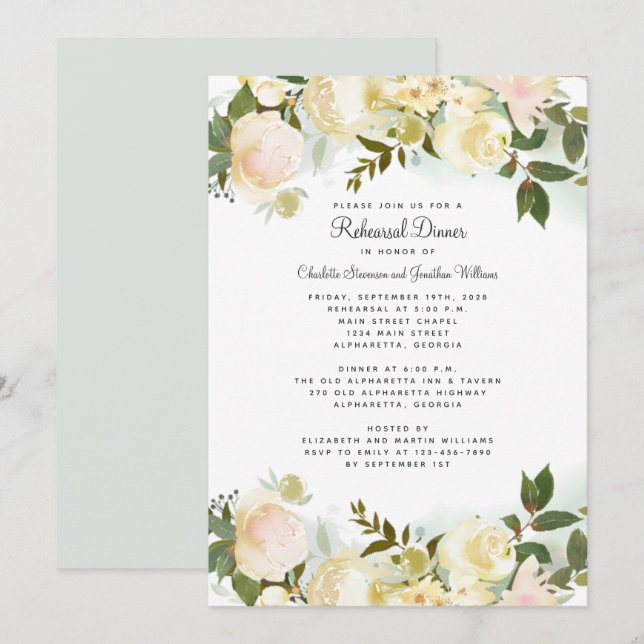 Elegant Floral White Wedding Chic Rehearsal Dinner Invitation (Front/Back)