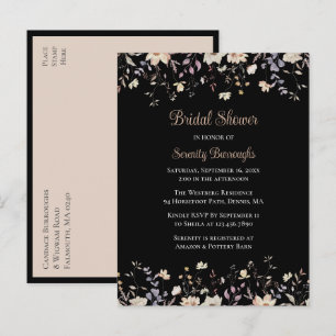 Elegant Floral Wildflower Black Boho Bridal Shower Invitation Postcard