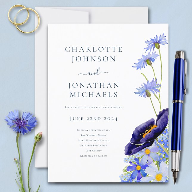 Elegant Floral Wildflower Blue Invitation Postcard (Modern wildflower blue floral budget wedding invitation postcard )